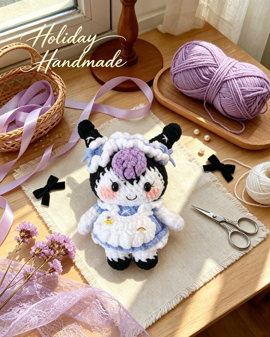 Handmade crochet bunny in a blue maid dress with a ruffled apron, styled scene