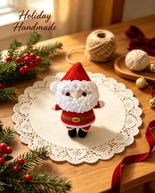 Santa Claus crochet plush, holiday scene with lace doily