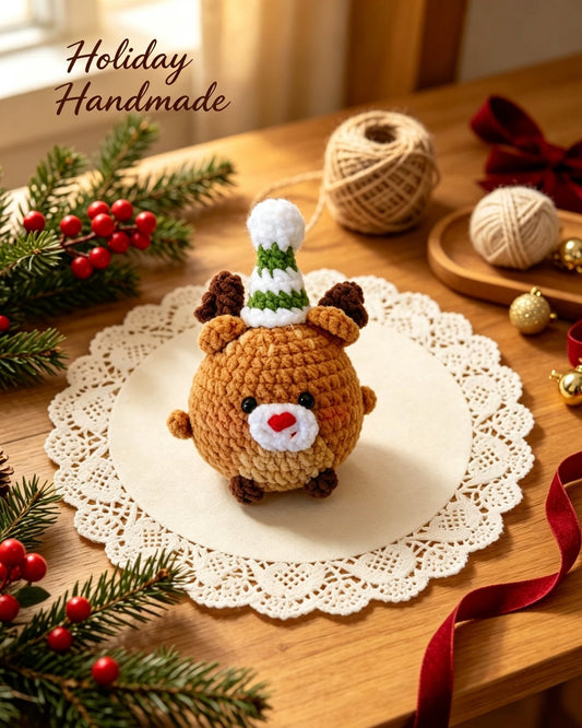 Christmas reindeer crochet plush with green hat, holiday scene
