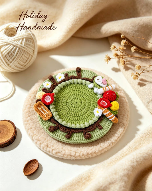Handmade crochet woodland wreath coaster in a cozy holiday scene