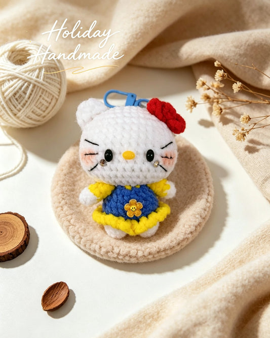 Handmade crochet kitty keychain in a blue and yellow dress with a red bow, styled scene