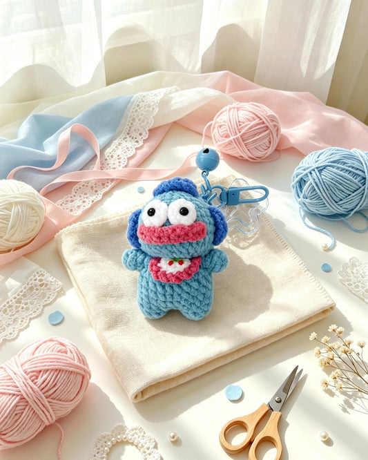 Handmade crochet blue fish keychain wearing a white bib with a strawberry, styled scene