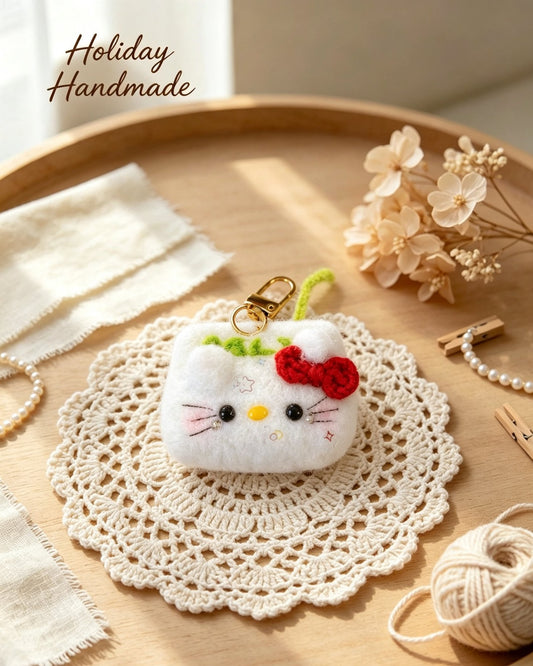 Handmade crochet milk box cat with red bow in a cozy holiday scene