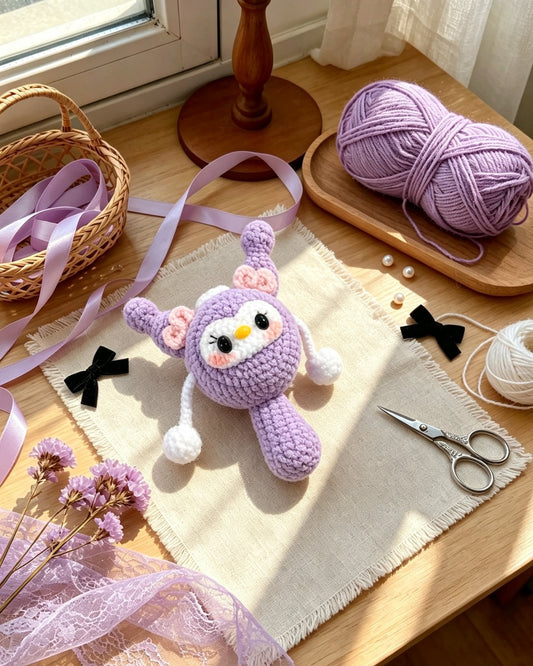 Handmade crochet purple bunny keychain with pink bows and pom pom legs, styled scene