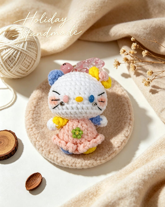 Handmade crochet kitty keychain in a pastel peach ruffle dress, styled scene