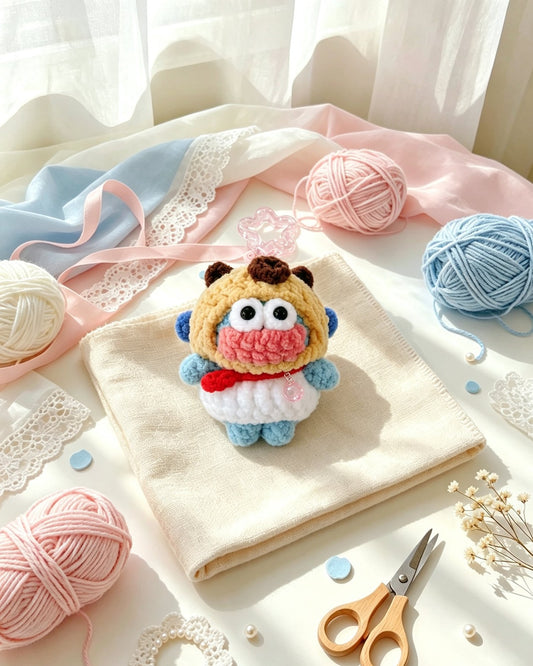 Small handmade crochet blue fish keychain wearing a yellow capybara hood, styled scene