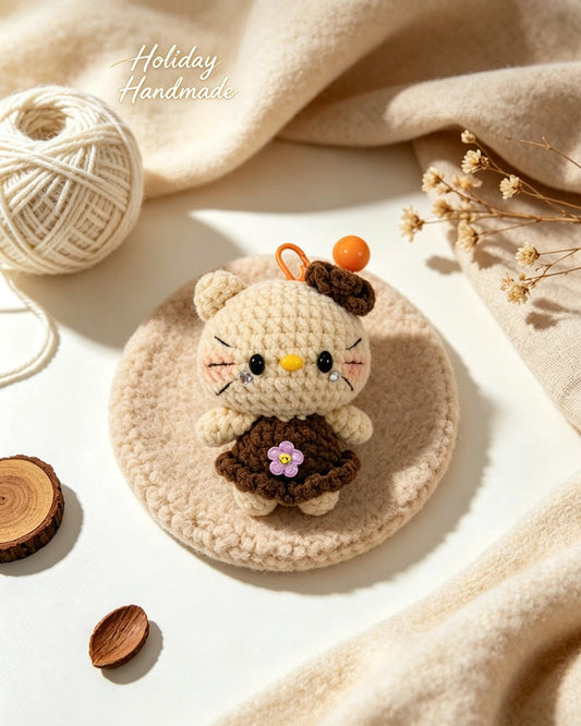 Handmade crochet kitty keychain in a brown flower dress, styled scene with yarn ball