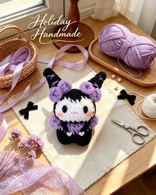 Handmade crochet black bunny keychain with fluffy purple ears and hearts, styled scene