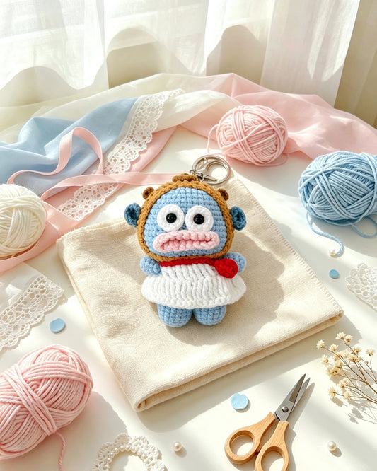 Handmade crochet blue fish keychain wearing a tan capybara hood and white skirt, styled scene