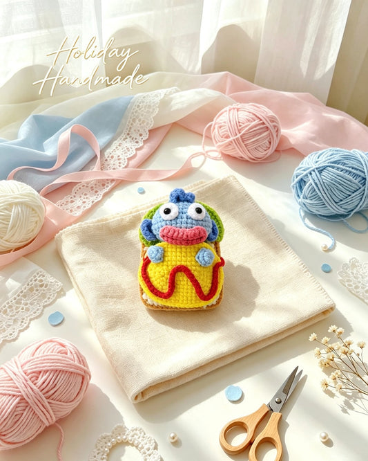 Handmade crochet blue fish keychain styled as a spring roll snack, on a styled scene