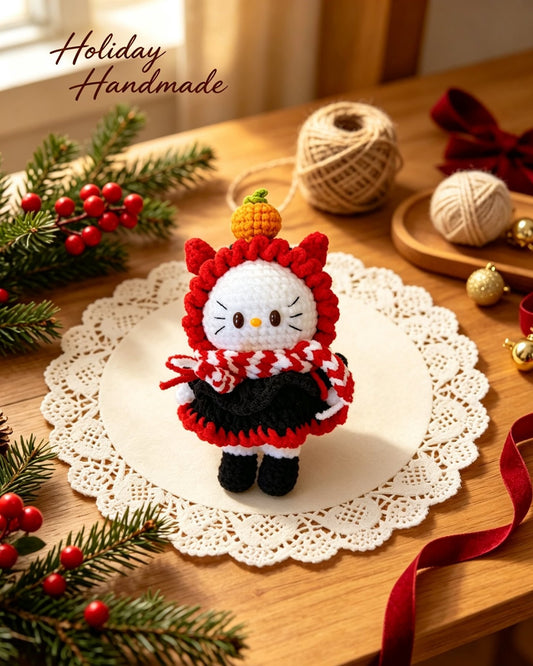 Christmas kitty in red hood crochet plush, holiday scene with lace doily