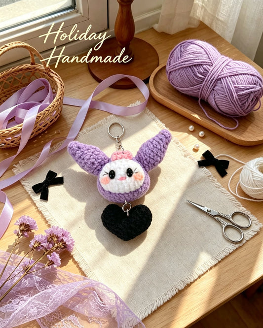 Handmade crochet purple bunny keychain with long ears and a black heart charm, styled scene