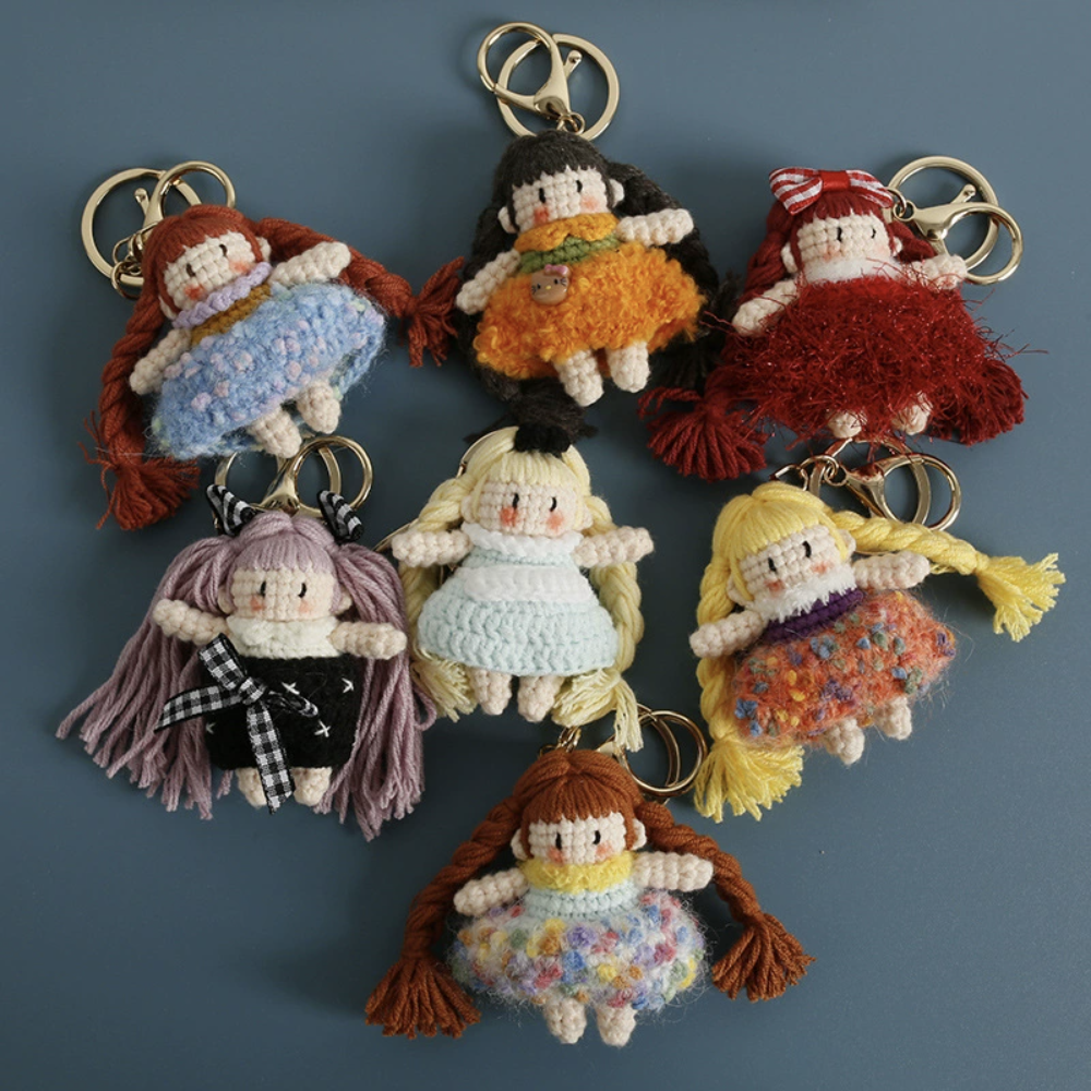 Handcrafted Crochet Braid Girl Pendant – Cute Long-Hair Doll Bag Accessory