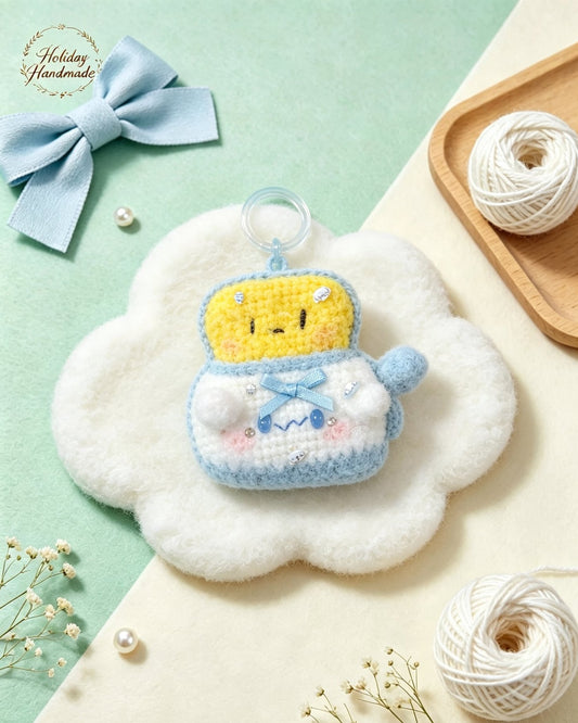 Fuzzy handmade crochet toast puppy keychain with a blue bow, styled scene with yarn ball