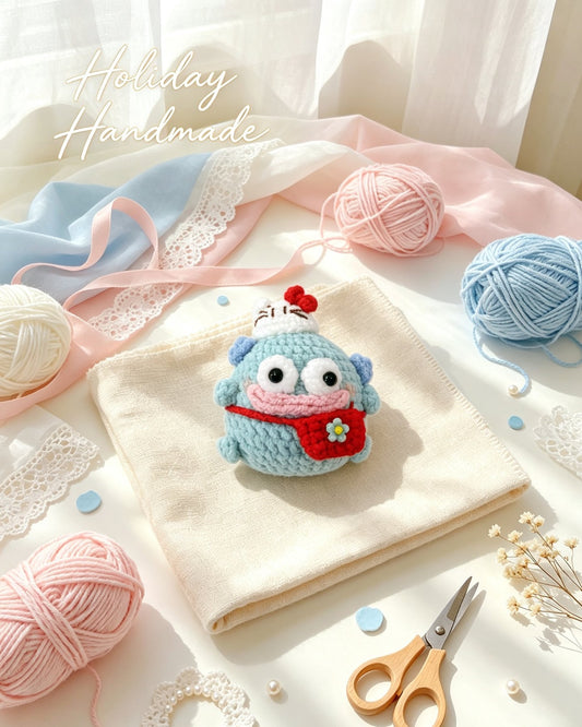 Handmade crochet chubby blue fish keychain in a chef hat with a red bag, styled scene