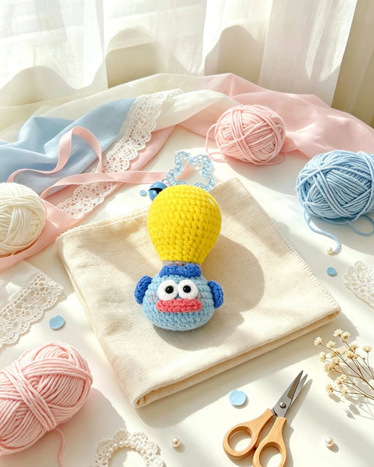 Handmade crochet blue fish keychain with a yellow light bulb head, styled scene