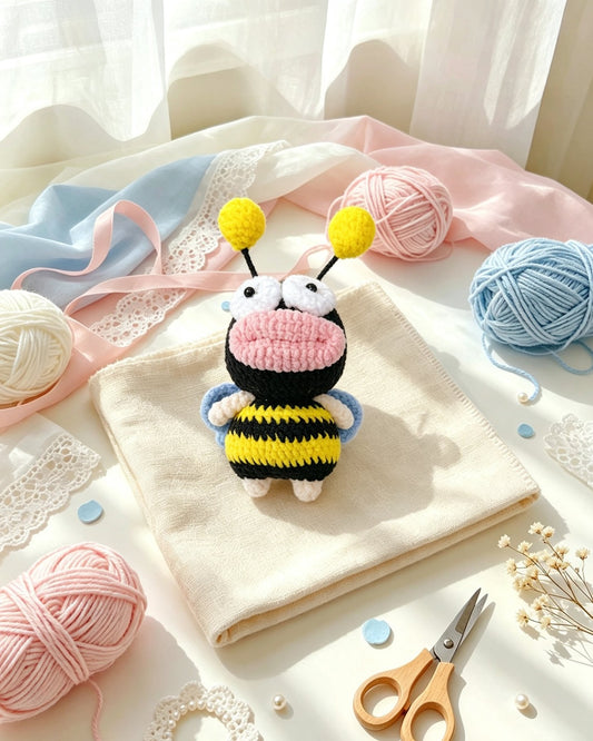 Handmade crochet blue fish keychain dressed in a black and yellow bee costume, styled scene
