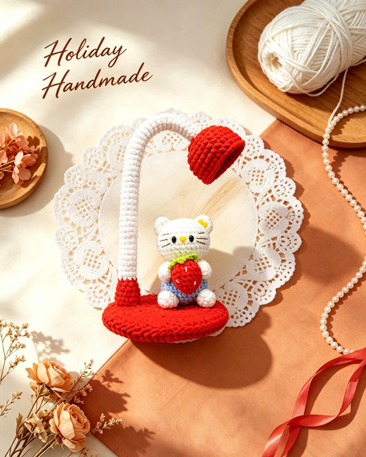 Handmade crochet kitty desk lamp with a strawberry-hugging kitty under a red lampshade on a styled backdrop