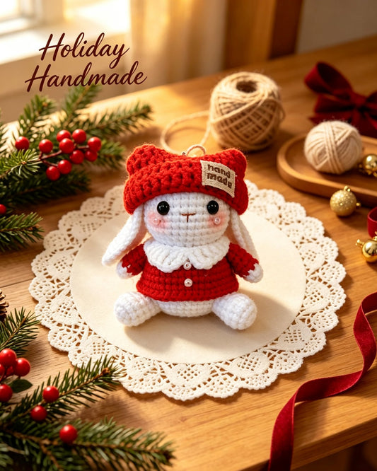 Handmade crochet Christmas bunny keychain in a red bonnet on a festive styled backdrop