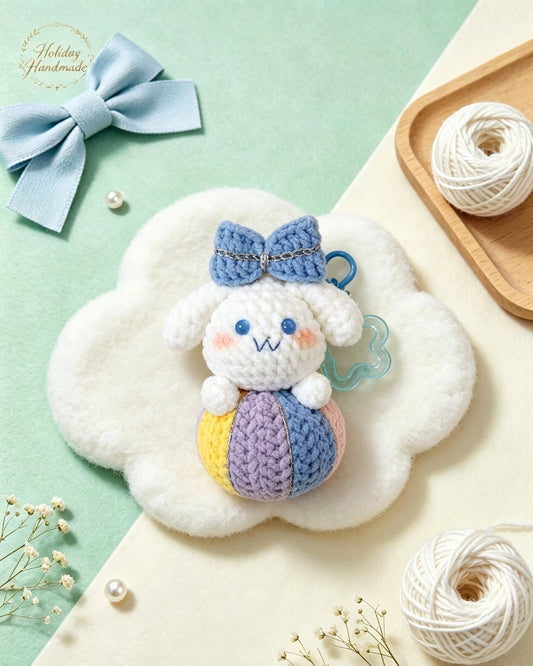 Handmade crochet puppy keychain with a blue bow sitting on a pastel rainbow ball, styled scene