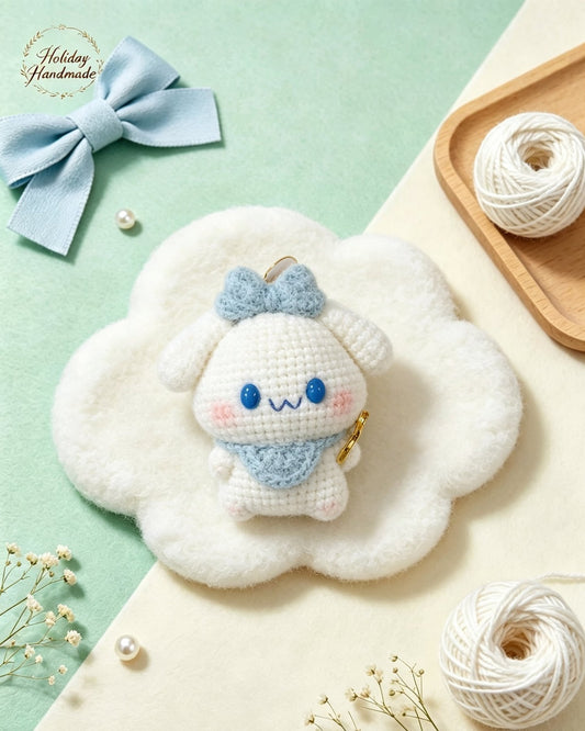 Fuzzy handmade crochet puppy keychain with a light blue bow, styled scene with yarn ball