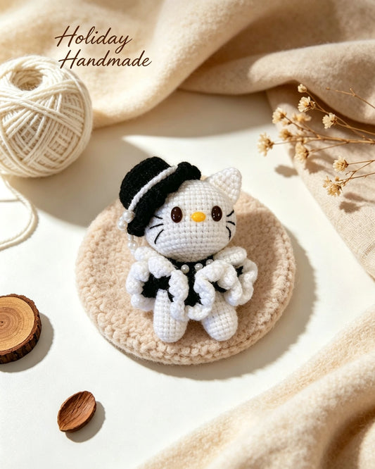 Handmade crochet kitty doll in black top hat and tutu in a cozy holiday scene