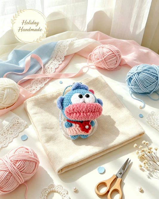 Handmade crochet blue fish keychain with a big head and pink mouth, styled scene