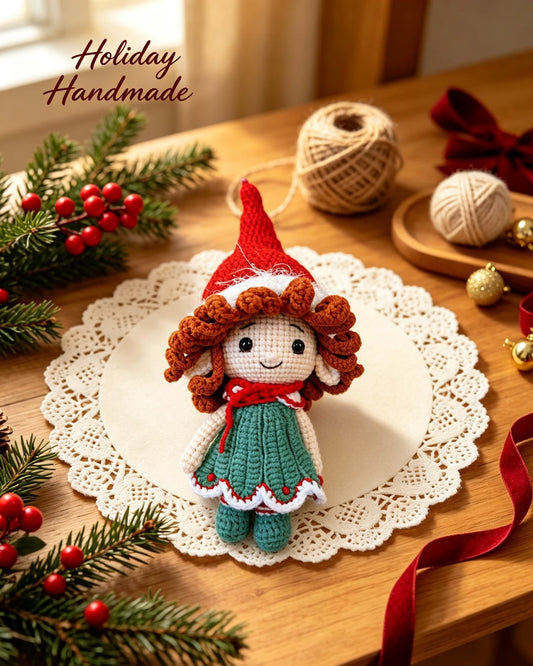 Handmade crochet Christmas elf girl doll in a red pointed hat on a festive styled backdrop