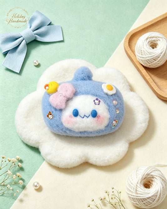 Handmade fluffy crochet TV charm in blue fuzzy yarn in a pastel scene
