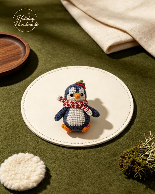 Handmade crochet penguin with a red beanie and striped scarf, styled on a display plate