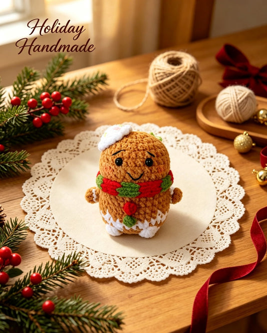Gingerbread man crochet plush with striped scarf, holiday scene