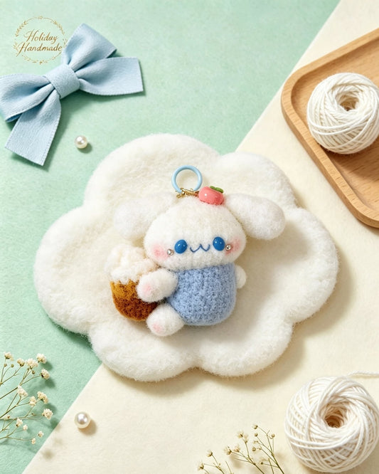 Fuzzy handmade crochet puppy keychain holding an ice cream cone with a cherry on top, styled scene