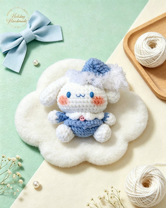 Handmade crochet bunny in blue nightcap napping on a cloud in a pastel scene
