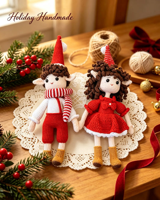 Handmade crochet Christmas elf doll in a red dress and striped hat on a festive styled backdrop