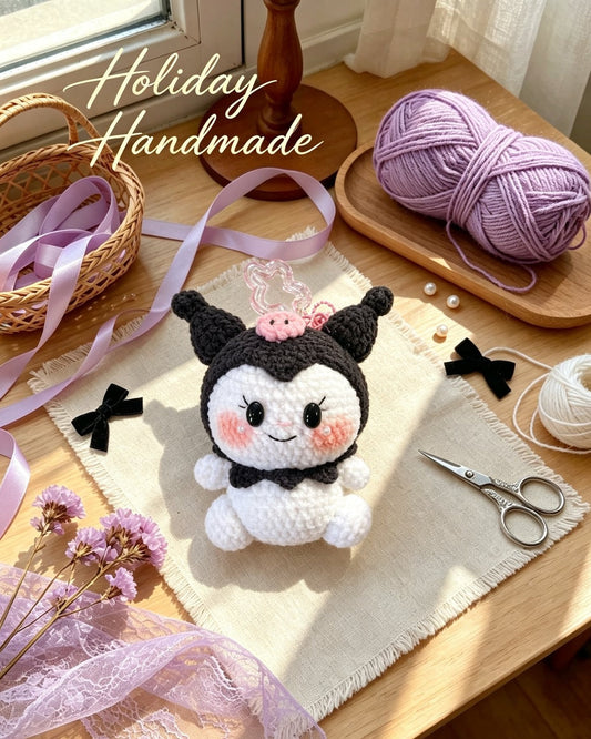 Handmade crochet devil hood bunny keychain in a cozy lavender flat lay