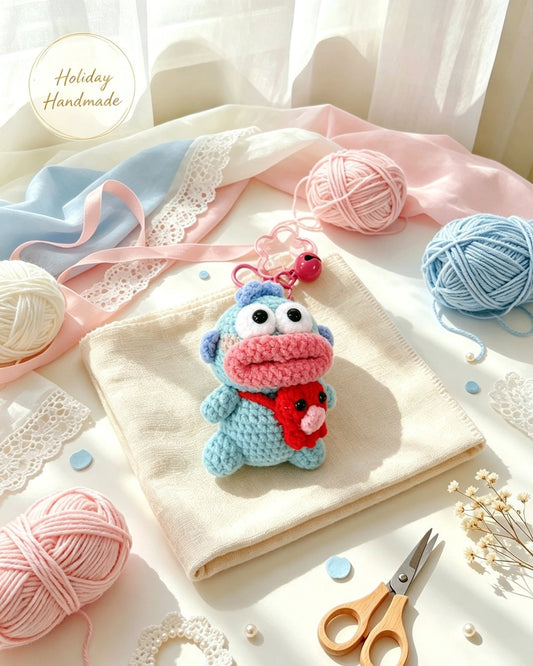 Handmade crochet pouty fish keychain with red backpack in a cozy flat lay