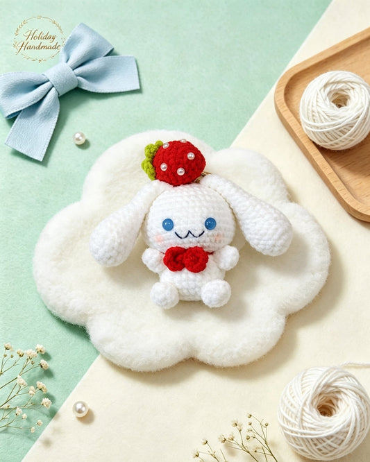 Handmade crochet strawberry beret puppy keychain, kawaii scene
