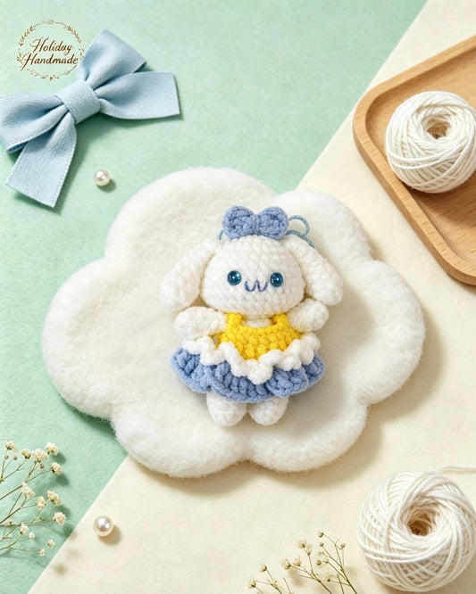 Handmade crochet sunday dress puppy keychain, kawaii scene