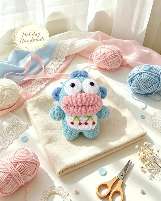 Handmade crochet cherry bib fish keychain in a cozy flat lay