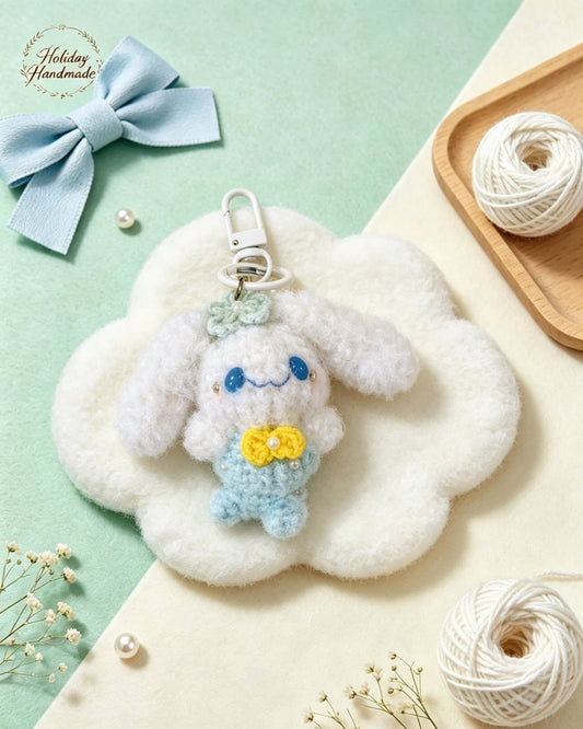 Handmade crochet mermaid puppy keychain with blue tail, kawaii scene