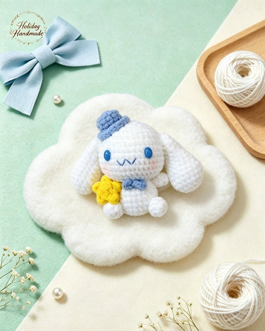 Handmade crochet blue top hat puppy keychain with yellow star, kawaii scene