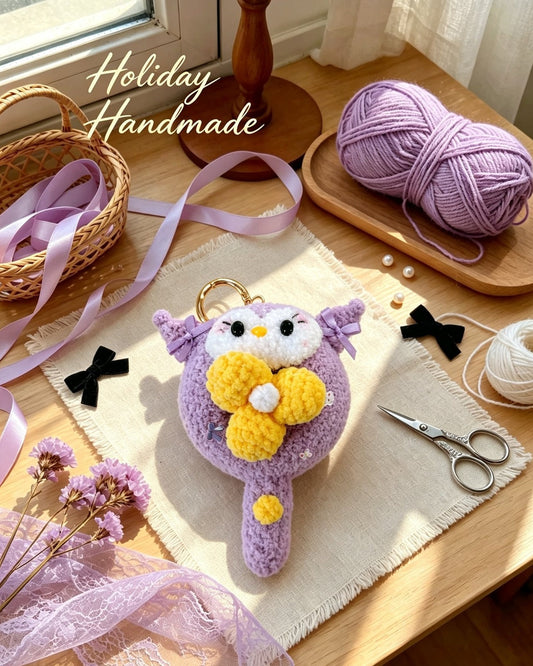 Handmade crochet purple hand fan bunny charm in a cozy flat lay