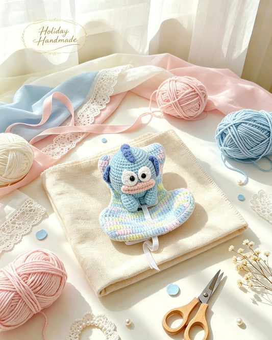 Handmade crochet sleepy fish with pastel rocking chair in a cozy flat lay