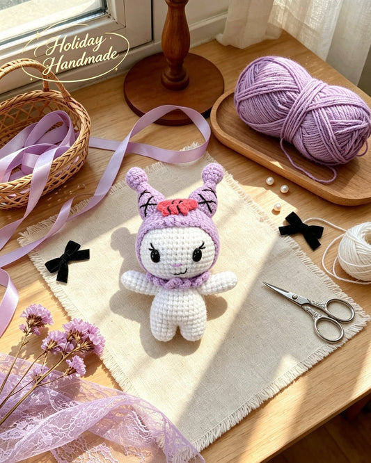 Handmade crochet standing devil hood bunny plush in a cozy flat lay