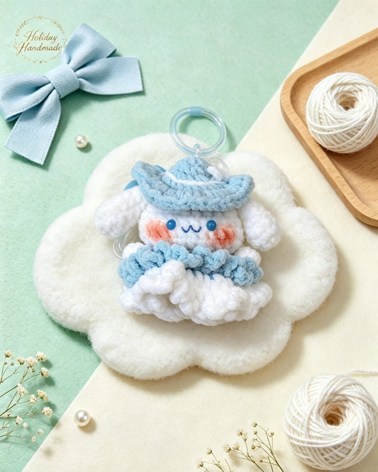 Handmade crochet blue bonnet puppy keychain with ruffle dress, kawaii scene
