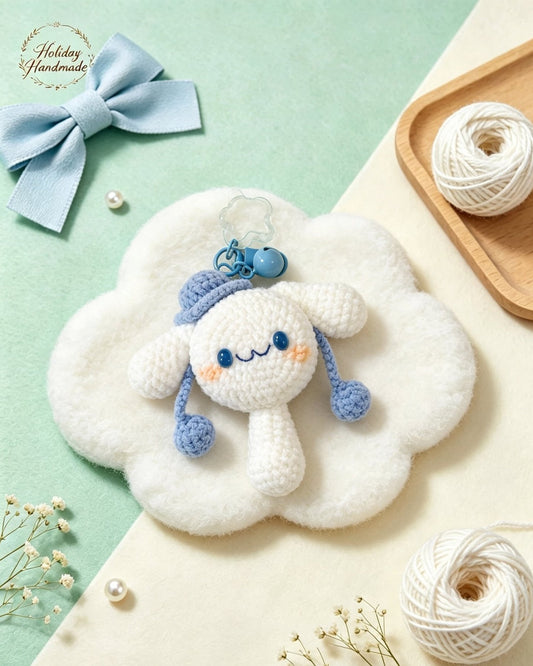 Handmade crochet drum puppy keychain with beret, kawaii scene