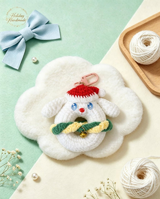 Handmade crochet Christmas wreath puppy keychain with Santa hat, kawaii scene
