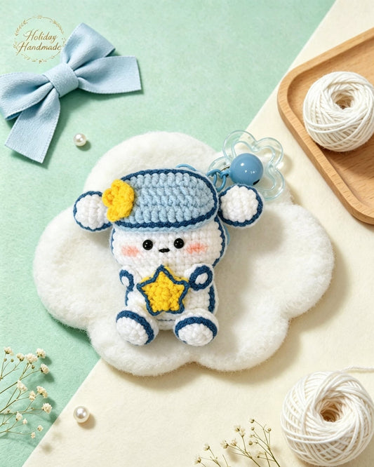 Handmade crochet star beret puppy keychain, kawaii scene