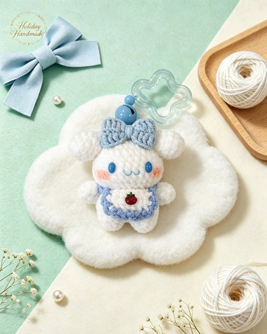 Handmade crochet strawberry bow puppy keychain, kawaii scene