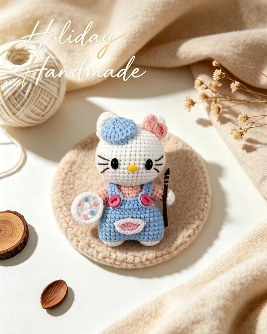 White crochet kitty painter in blue overalls and beret with paint palette on a cozy beige scene